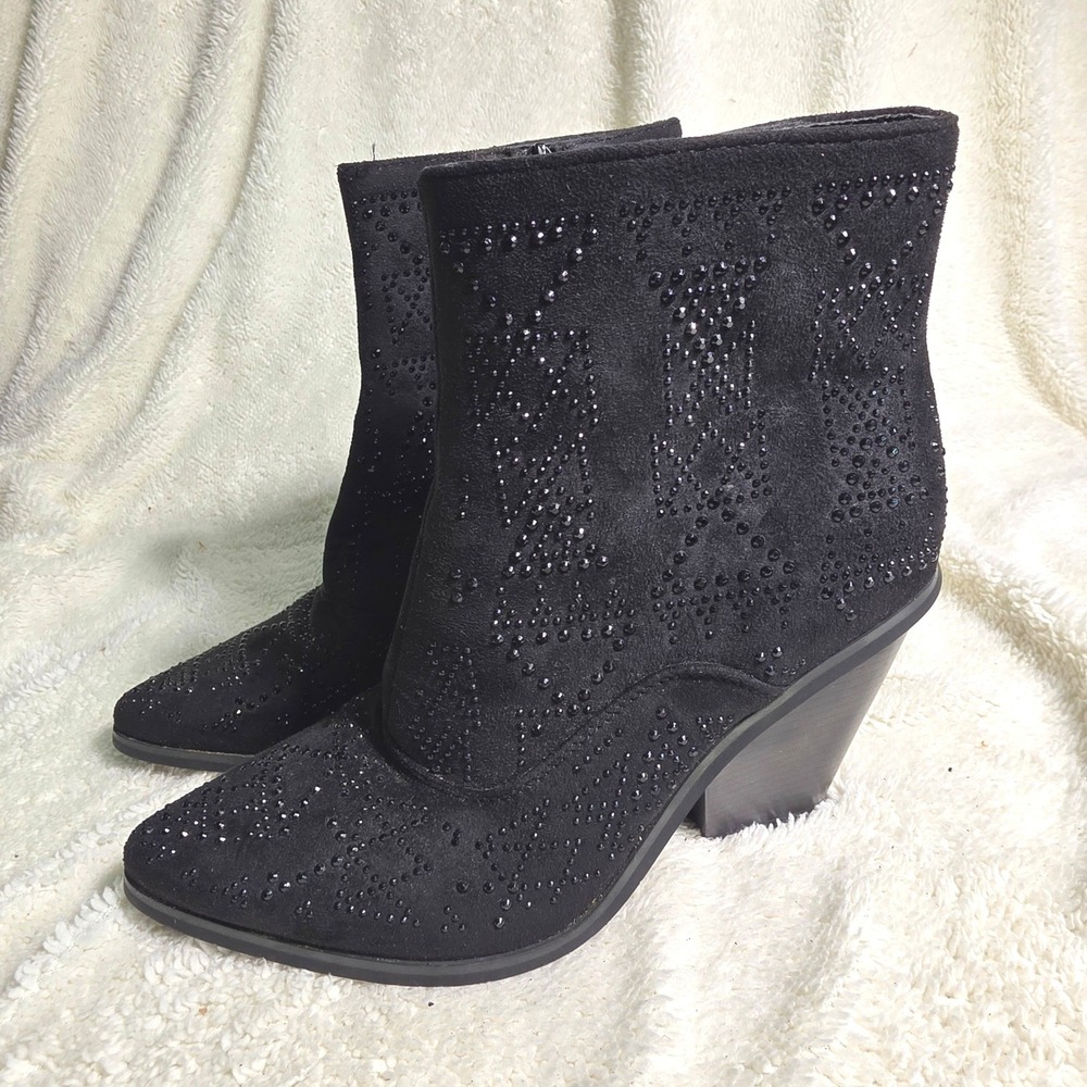 Patrizia Ankle Boots Bootie Black Western Rhinestone Faux Suede Women 39 8 8.5